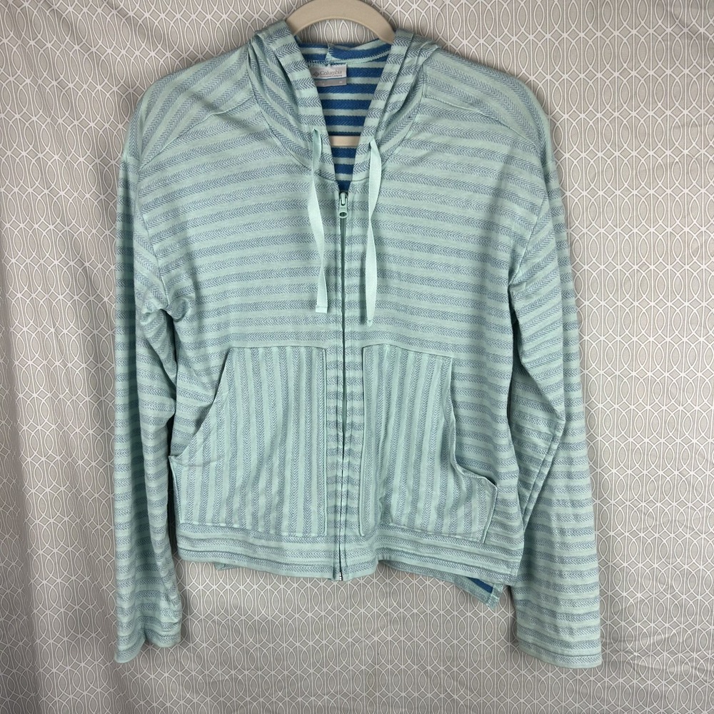 Columbia Jacket Womens Medium Blue Striped Zip Up Hooded Lightweight Knit Beachy